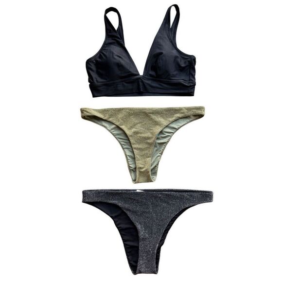 Aerie Plunge Longline Triangle Bikini Top & Sparkle Cheekiest Bikini Bottoms Siz - Picture 1 of 12